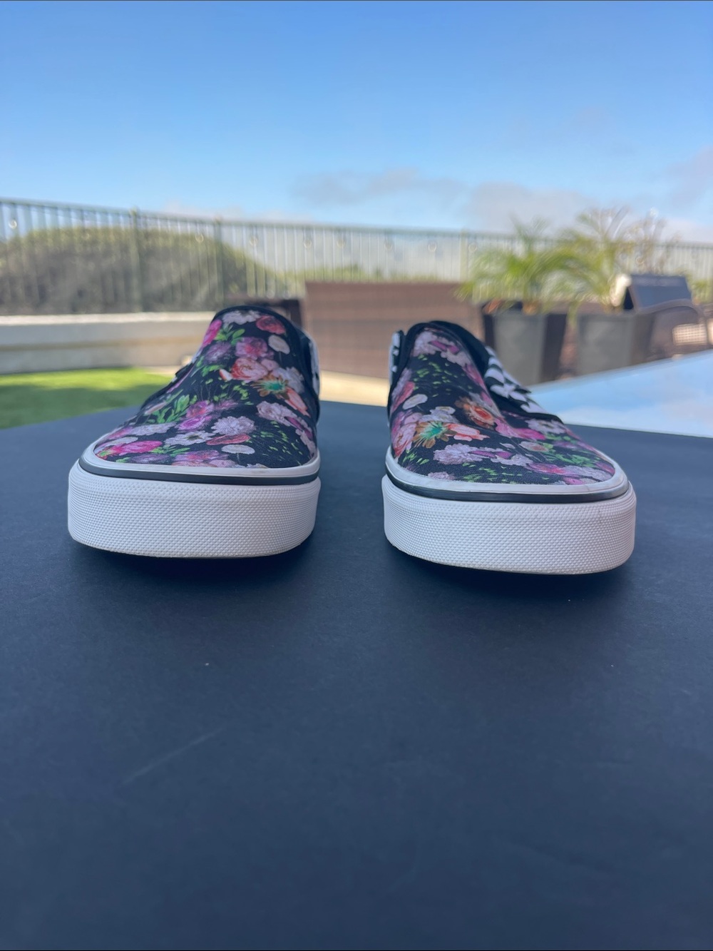 Vans Slip-On Floral & Checkerboard Sneakers - Black/Pink/Green - Picture 5 of 6